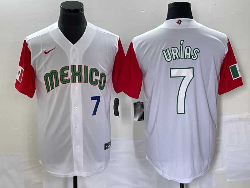Mens Mexico Baseball #7 Julio Urias Number 2023 White Red World Classic Stitched Jersey33->2023 world baseball classic->MLB Jersey
